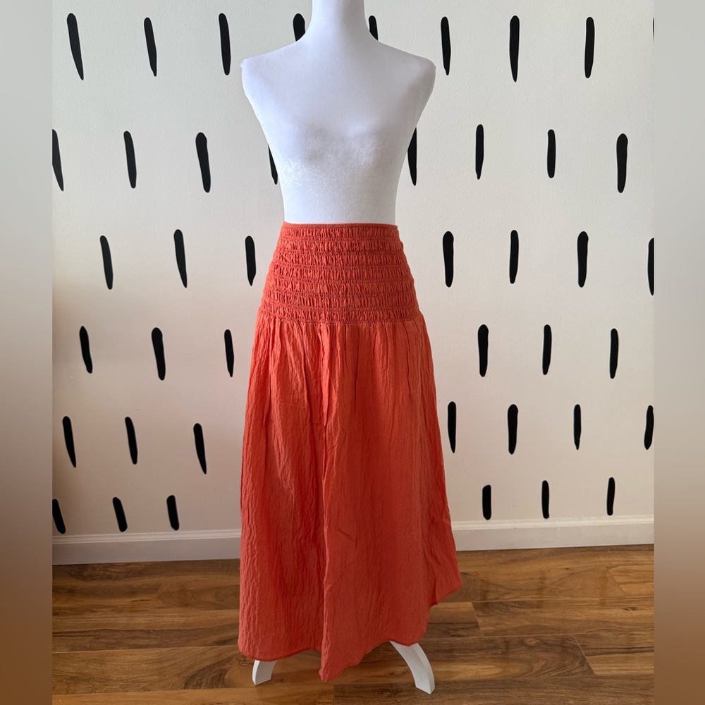 Maeve Coral Orange Smocked-Waist Maxi Skirt